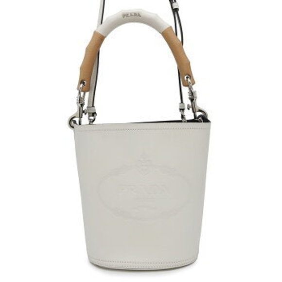 Prada Tambour Bucket Handbag Leather Wood White Shoulder Bag - Picture 1 of 8